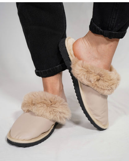 Sheepskin Wool Leather Slippers Beige - Tatifurs worn by a model showcasing comfort and style.