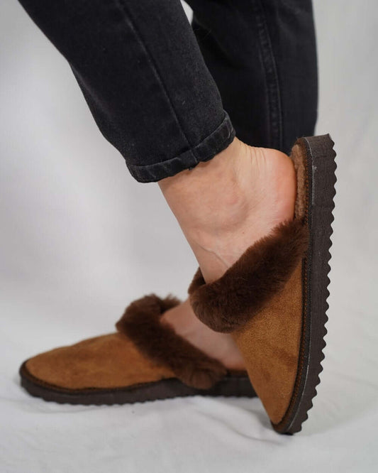 Brown Fur Leather & Sheepskin Slippers