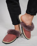 Pink Shiny Fur Leather & Sheepskin Slippers with purple fur on top