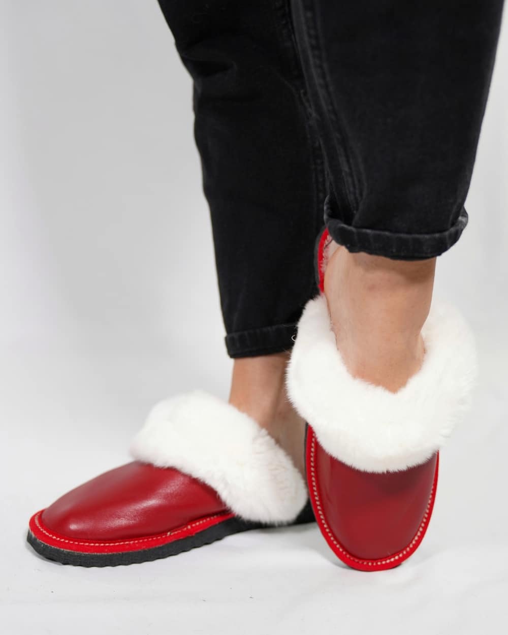 Red Fur Leather & Sheepskin Slippers