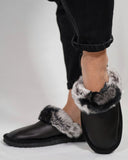 Black Fur Leather & Sheepskin Slippers with chinchilla rabbit fur on top
