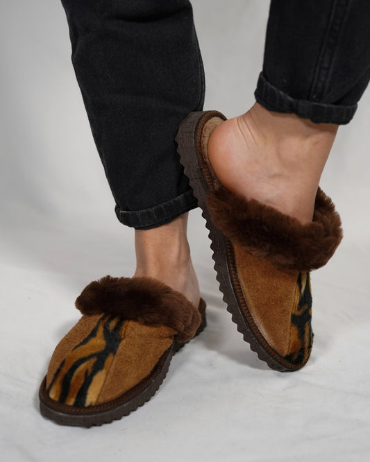 Brown Leopard Fur Leather & Sheepskin Slippers