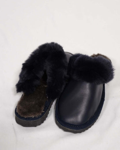 Sheepskin Wool Leather Fur Slippers Blue for Women, featuring luxurious sheepskin and fur design.