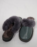 Green Fur Leather & Sheepskin Slippers with purple fur on top