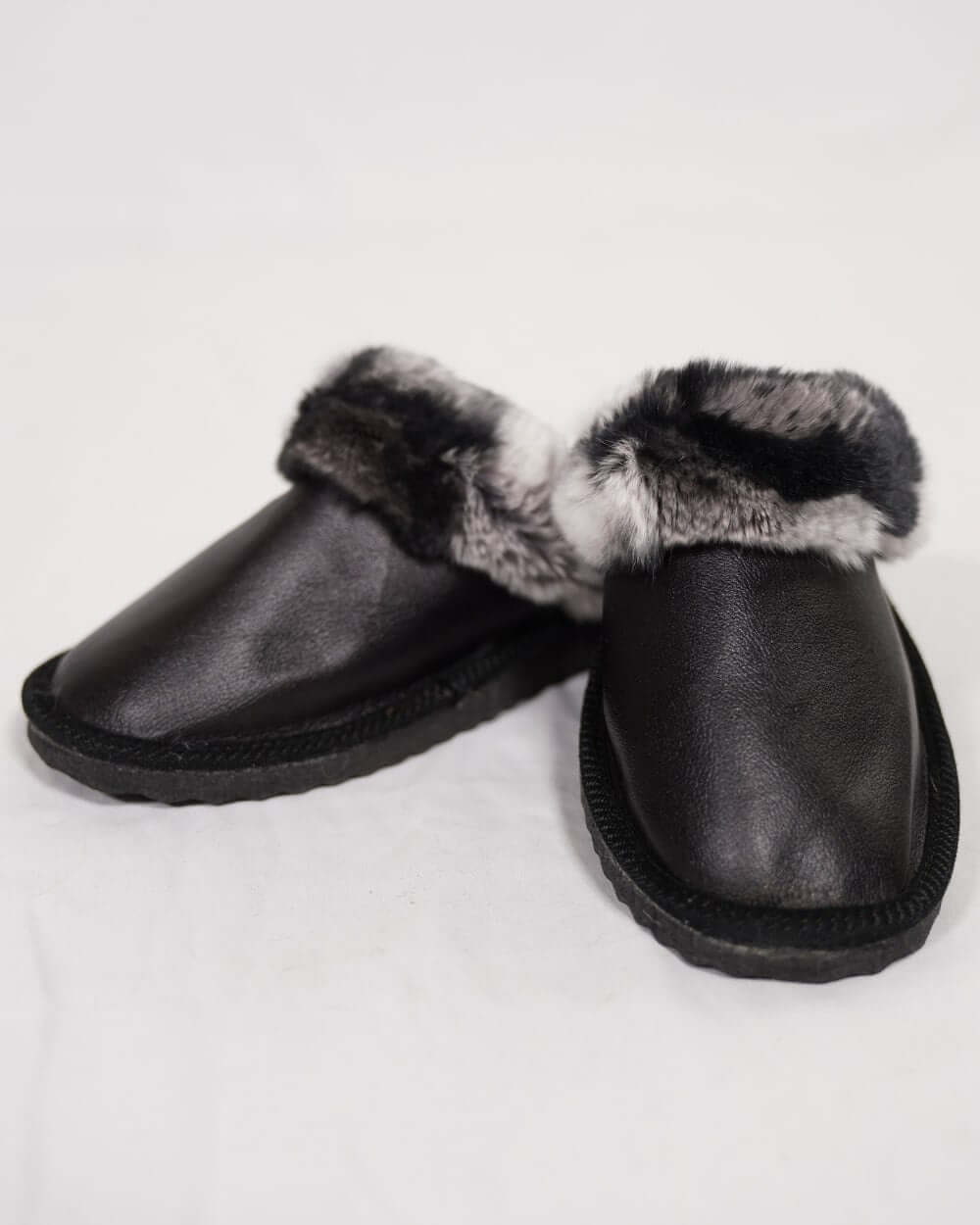 Sheepskin Wool Leather Fur Slippers Black with Gray Top showcasing luxurious design and comfort for women's footwear.