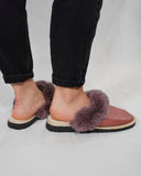 Pink Shiny Fur Leather & Sheepskin Slippers with purple fur on top