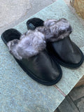 Fur Slippers Black, Genuine Leather, Sheepskin