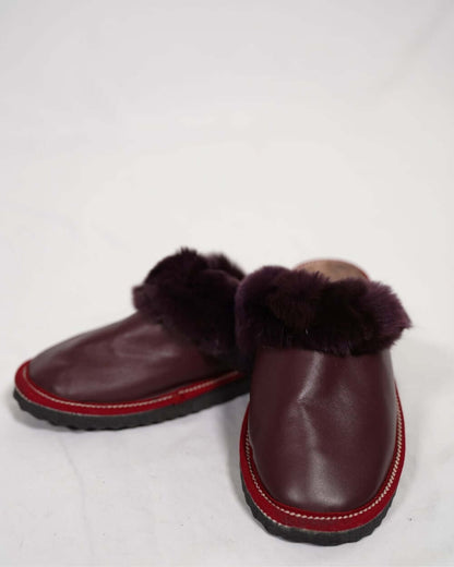 Sheepskin Wool Leather Fur Slippers Burgundy - Tatifurs showcasing luxurious craftsmanship and comfortable fit.