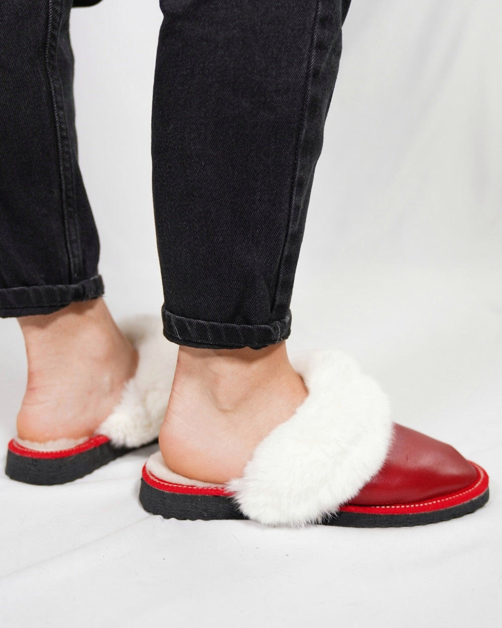 Red Fur Leather & Sheepskin Slippers