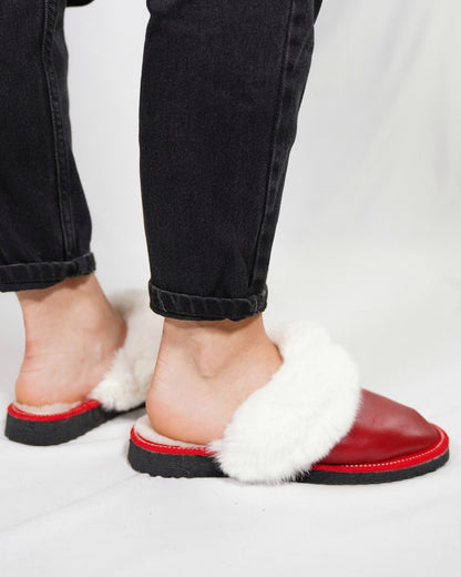 Red Fur Leather & Sheepskin Slippers