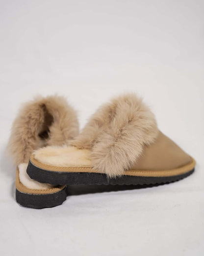 Sheepskin Wool Leather Fur Slippers Camel for Women, featuring soft fur lining and durable sole, perfect for comfort and style.