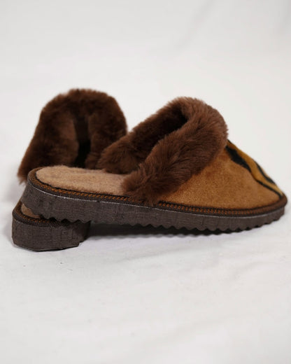 Brown Leopard Fur Leather & Sheepskin Slippers