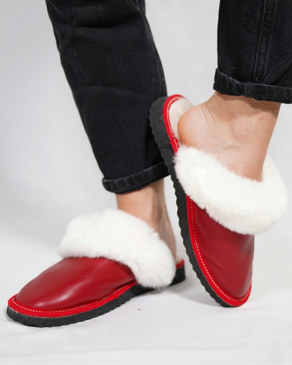 Red Fur Leather & Sheepskin Slippers