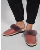Pink Shiny Fur Leather & Sheepskin Slippers with purple fur on top