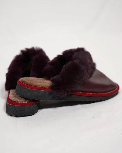 Sheepskin Wool Leather Fur Slippers Burgundy - Tatifurs, luxurious real leather and sheepskin wool slippers, perfect for comfort and style.