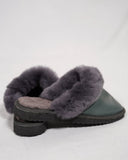 Green Fur Leather & Sheepskin Slippers with purple fur on top