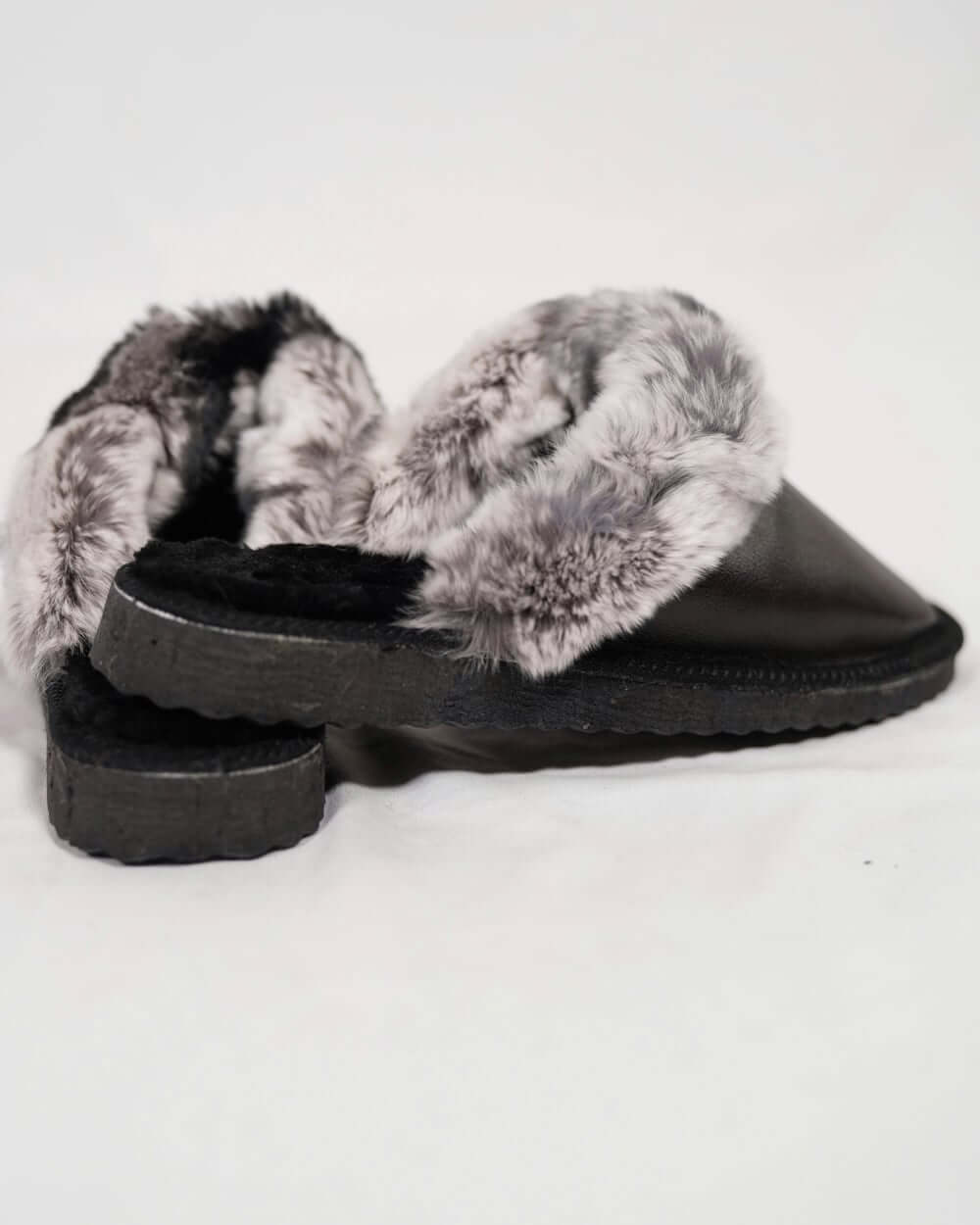 Sheepskin Wool Leather Fur Slippers Black with Gray Top, featuring luxurious fur lining and quality sole.