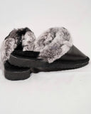 Black Fur Leather & Sheepskin Slippers with chinchilla rabbit fur on top
