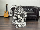 Real Black White  Fox Fur Blanket Throw • Housewarming Gift Sofa Cover n Bedspread •  Handmade Genuine Fur