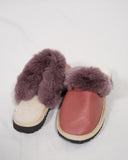 Pink Shiny Fur Leather & Sheepskin Slippers with purple fur on top
