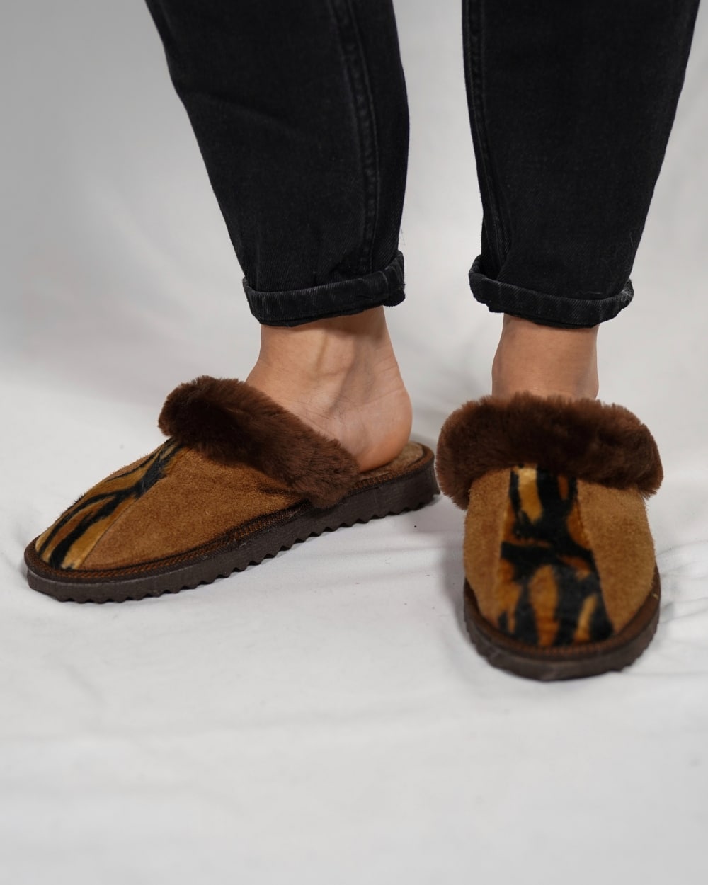 Brown Leopard Fur Leather & Sheepskin Slippers