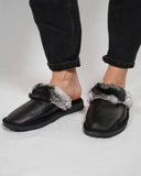 Black Fur Leather & Sheepskin Slippers with chinchilla rabbit fur on top