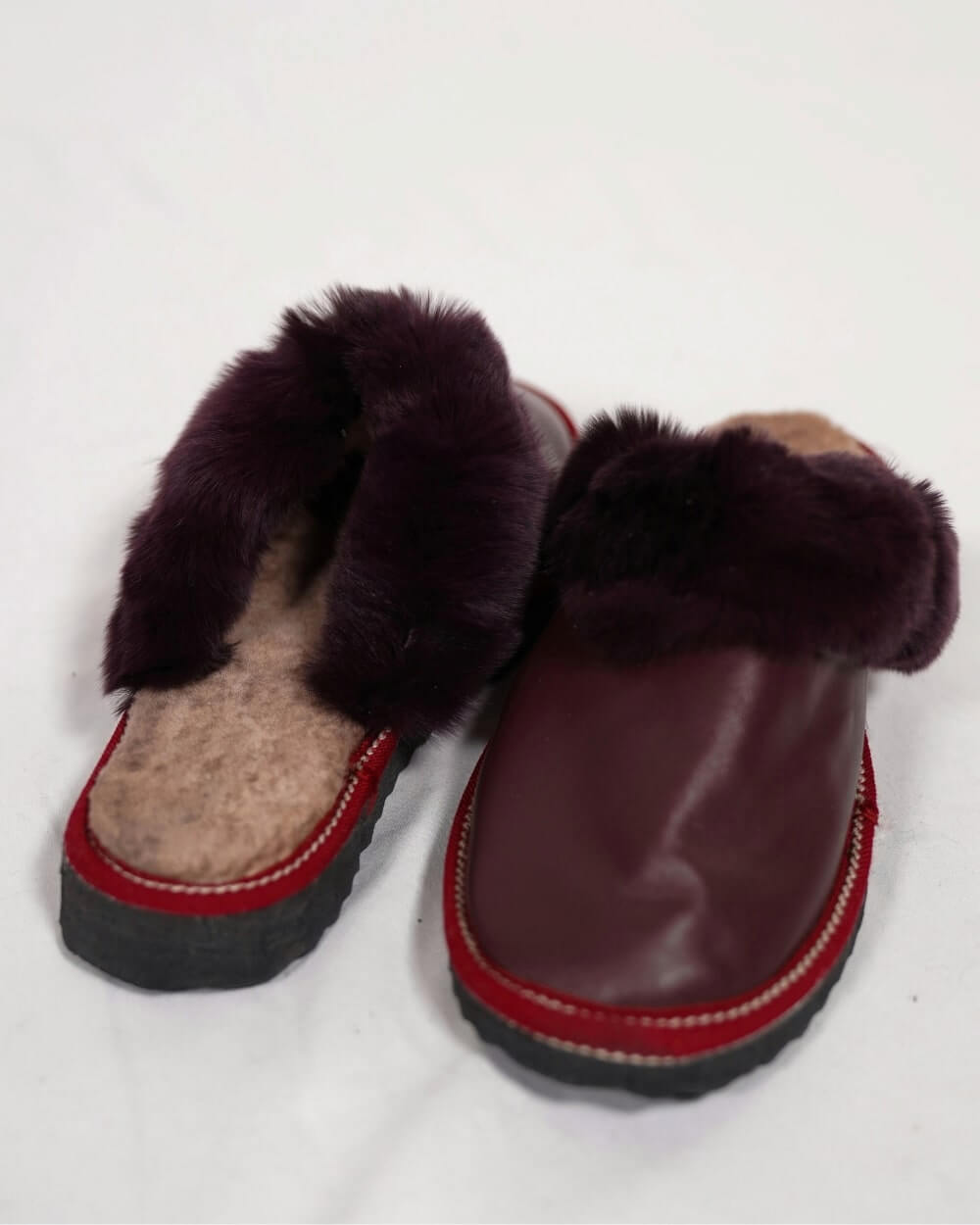 Sheepskin Wool Leather Fur Slippers Burgundy - Tatifurs, featuring luxurious genuine leather and soft sheepskin wool.