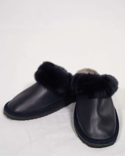 Sheepskin Wool Leather Fur Slippers Blue for Women - Luxurious sheepskin and leather slippers with fur lining.