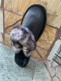 Fur Slippers Black, Genuine Leather, Sheepskin