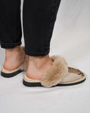 Beige Leopard Fur Leather & Sheepskin Slippers