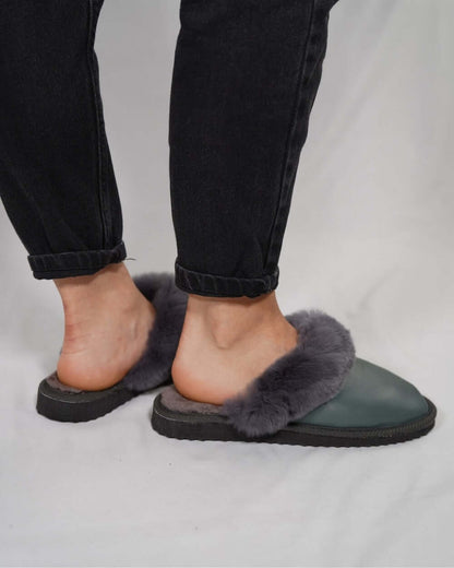 Sheepskin Wool Leather Fur Slippers Gray - Tatifurs worn with black jeans, showcasing premium comfort and style.