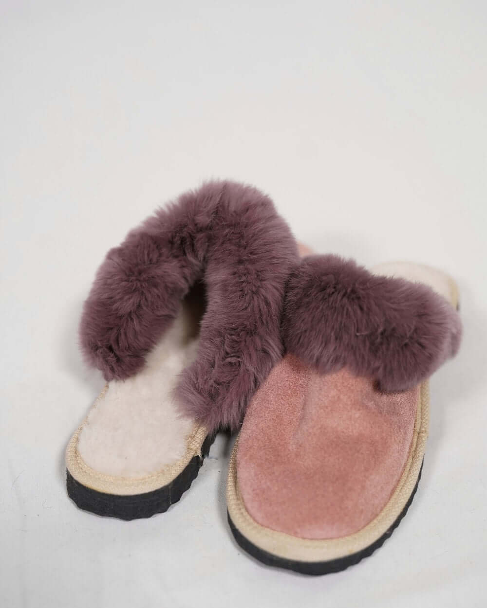 Sheepskin Wool Slippers Baby Pink for Women - Tatifurs, featuring soft pink and purple colors with plush fur lining.
