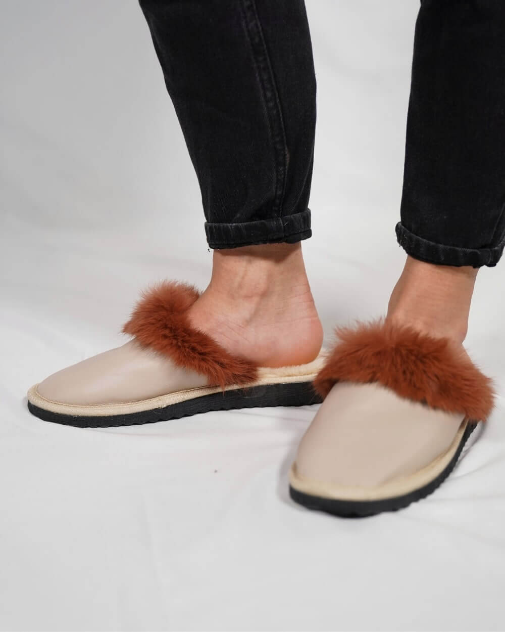 Sheepskin Wool Leather Fur Slippers Beige Powder with luxurious fur detailing and quality leather sole.