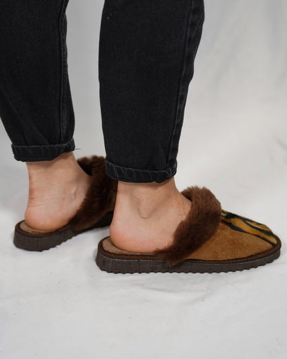 Brown Leopard Fur Leather & Sheepskin Slippers
