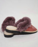 Pink Shiny Fur Leather & Sheepskin Slippers with purple fur on top