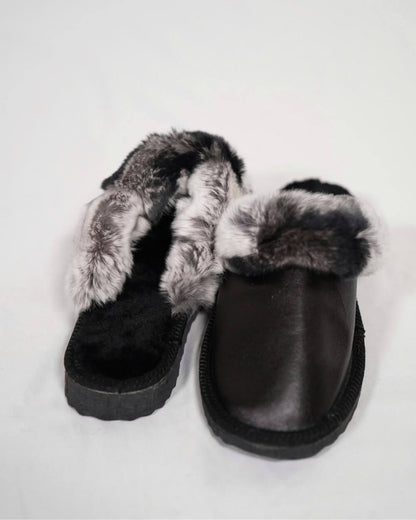 Sheepskin Wool Leather Fur Slippers Black with Gray Top showcasing their luxurious design and sheepskin wool interior.