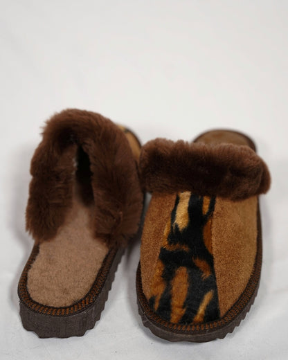 Brown Leopard Fur Leather & Sheepskin Slippers