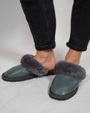 Green Fur Leather & Sheepskin Slippers with purple fur on top