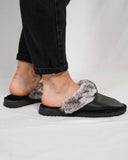 Black Fur Leather & Sheepskin Slippers with chinchilla rabbit fur on top