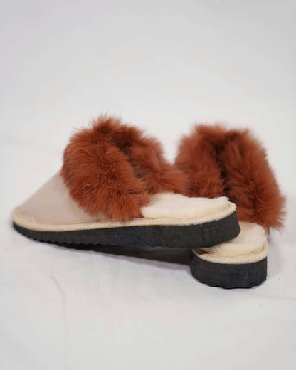 Sheepskin Wool Leather Fur Slippers Beige Powder with brown fur trim on a white background.