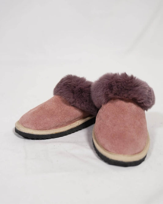 Baby Pink Fur Leather & Sheepskin Slippers with purple on top