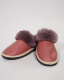 Pink Shiny Fur Leather & Sheepskin Slippers with purple fur on top