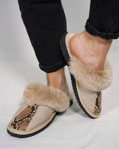 Sheepskin Wool Leather Fur Slippers Beige Leopard - Luxurious comfort with genuine leather and fur.