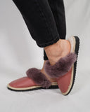 Pink Shiny Fur Leather & Sheepskin Slippers with purple fur on top