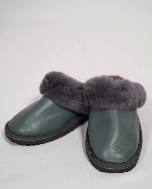 Gray Fur Leather & Sheepskin Slippers with purple fur on top