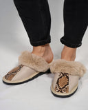 Beige Leopard Fur Leather & Sheepskin Slippers