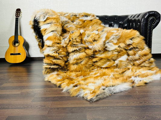 Real Orange Fox Fur Blanket Throw • Housewarming Gift Sofa Cover n Bedspread •  Handmade Genuine Fur
