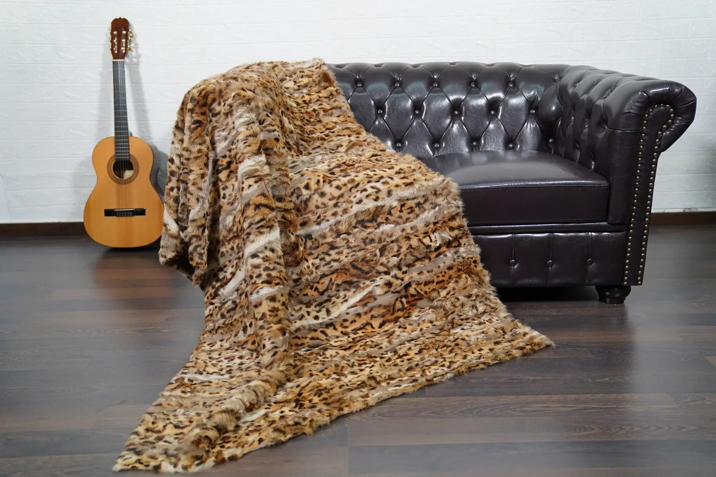 rabbit fur throw blanket leopard print — colour-matched leopard panel construction, consistent surface — Greek craftsmanship, TatiFurs
