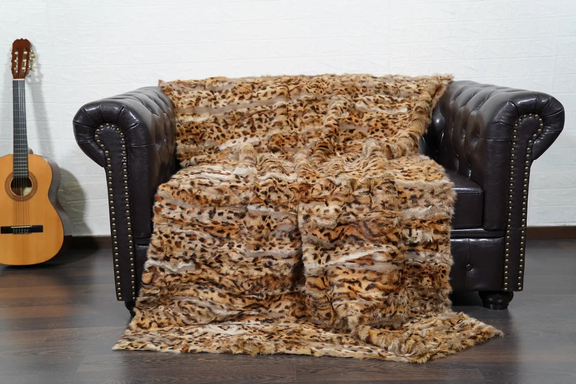 rabbit fur throw blanket leopard print — patchwork panels, velvet cotton backing, full surface view — Greek craftsmanship, TatiFurs
