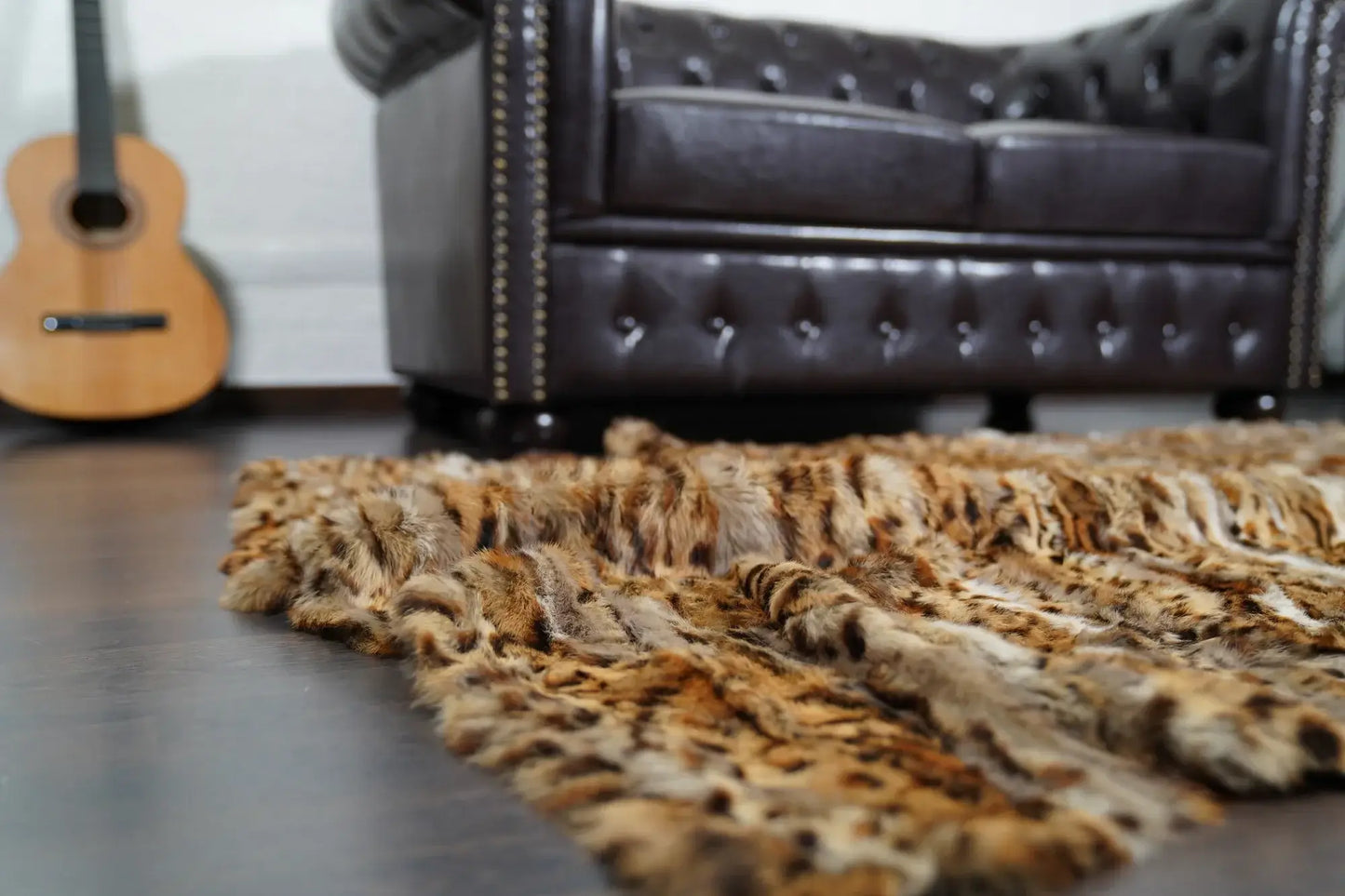 rabbit fur throw blanket leopard print — velvet cotton backing detail, soft substantial finish — Greek craftsmanship, TatiFurs
